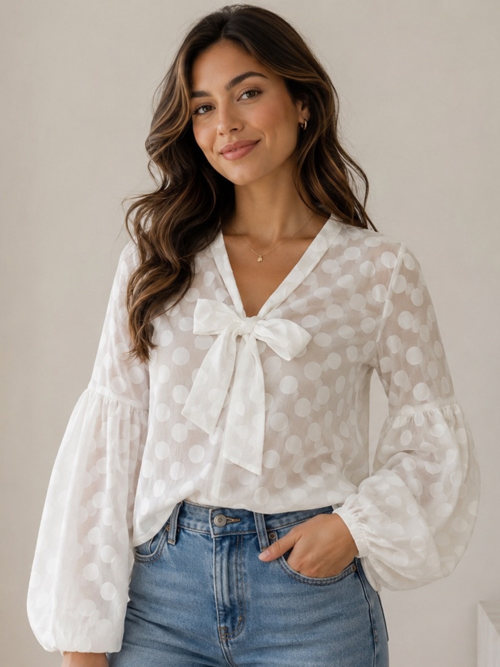 Sheer White Polka-Dot Tie-Neck Blouse with Balloon Sleeves